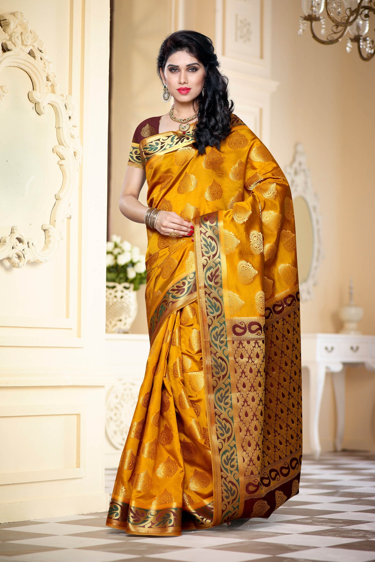 Mimosa Womens Art Silk Saree Kanjivaram Mustard Color