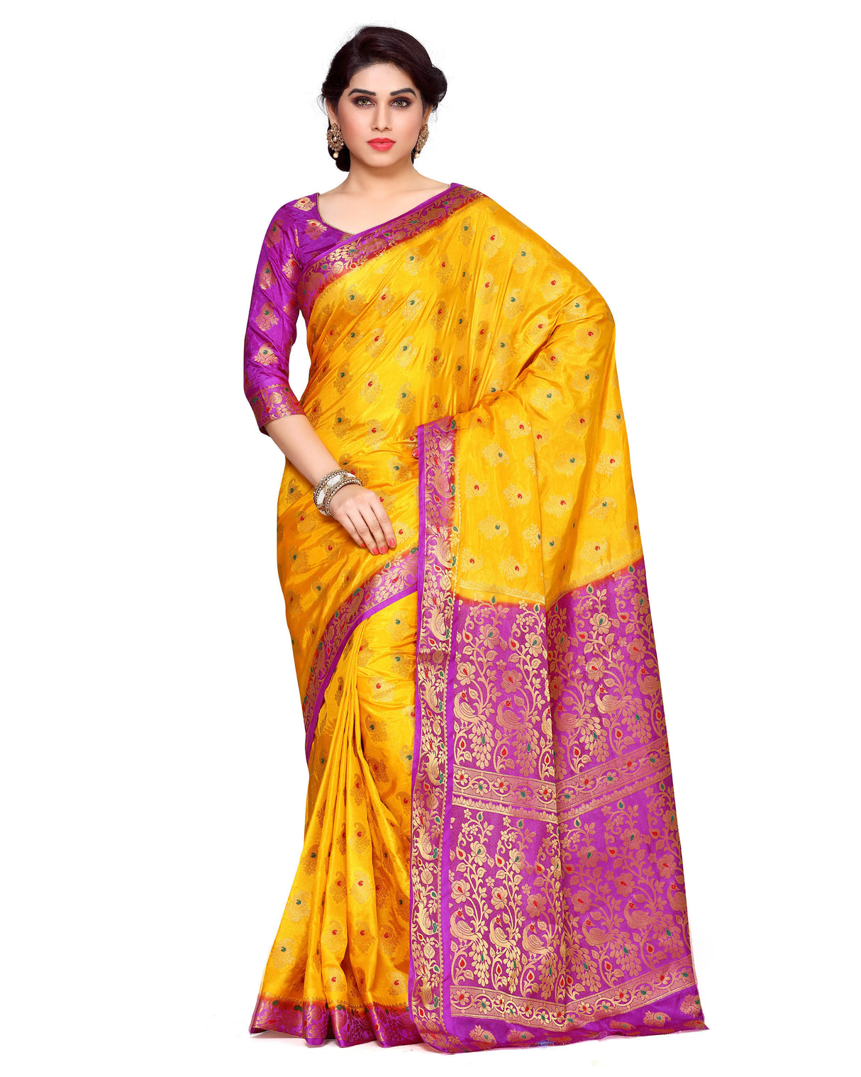 Mimosa Womens Art Silk Saree Kanjivaram Gold Color