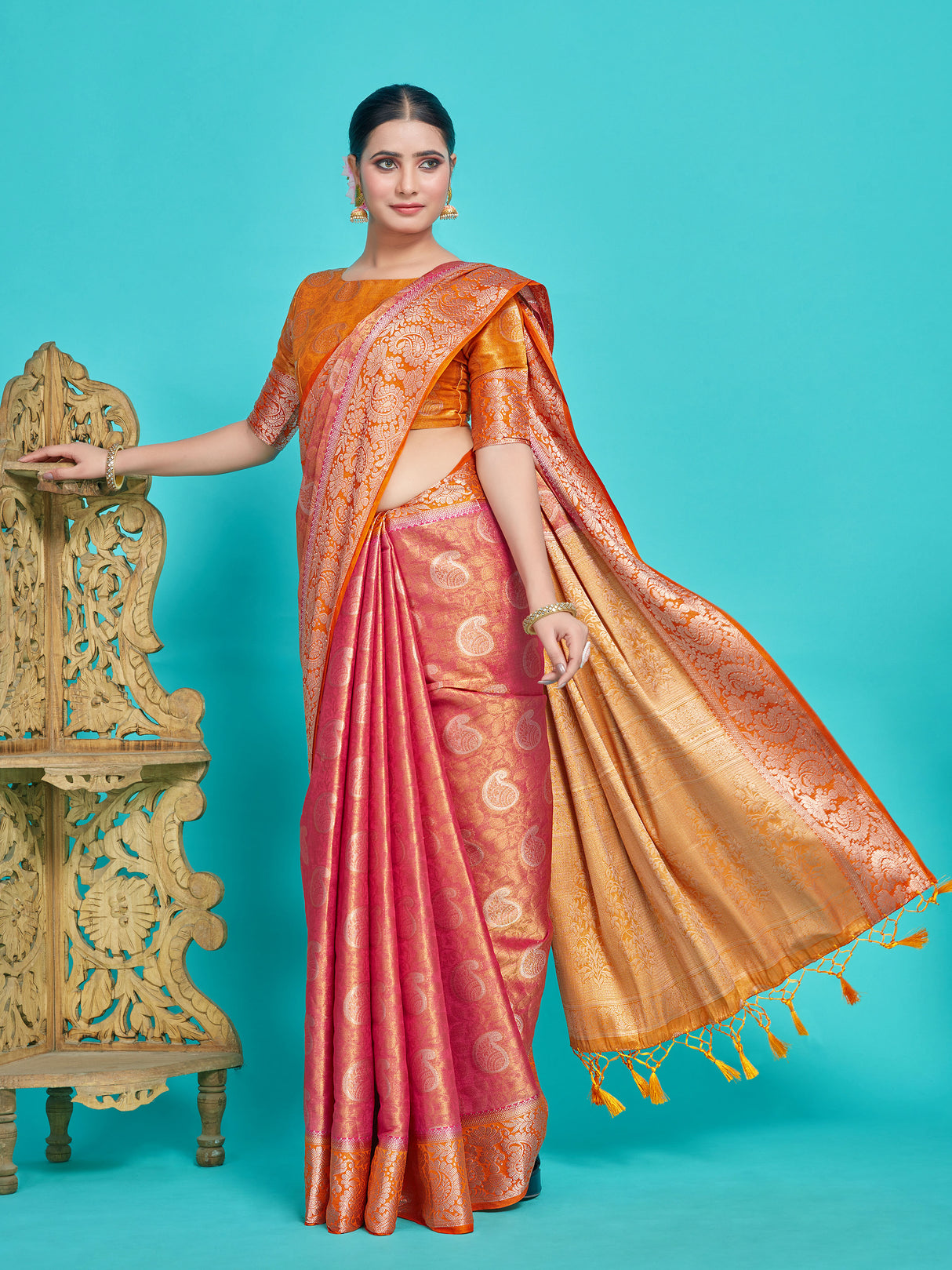 Mimosa Women's Woven Design Kanjivaram Style Art Silk Saree With Blouse Piece : SA0000412RNFREE