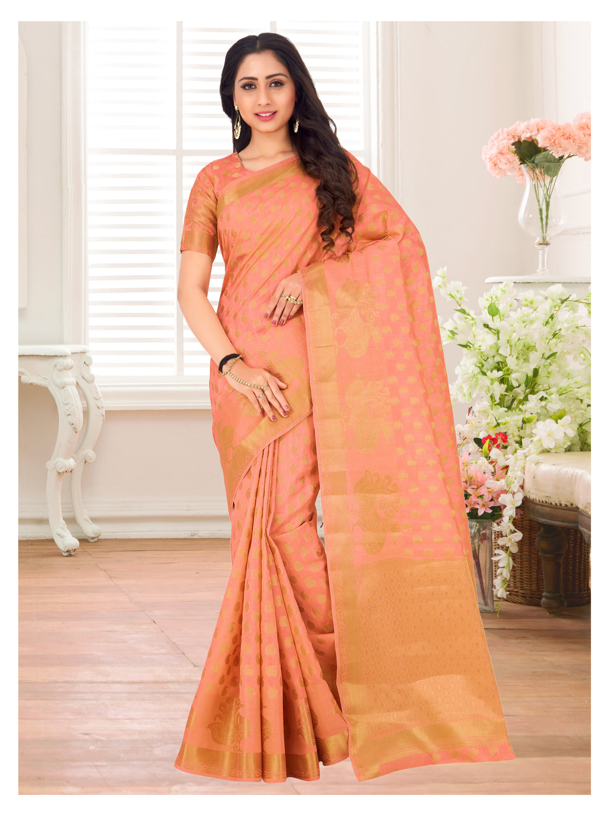 Mimosa Womens Art Silk Saree Kanjivaram Peach Color