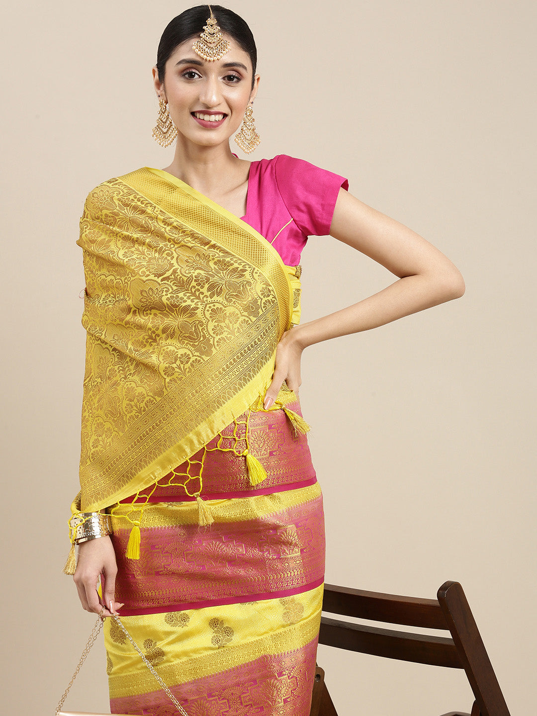 Mimosa Womens Art Silk Saree Kanjivaram Yellow Color