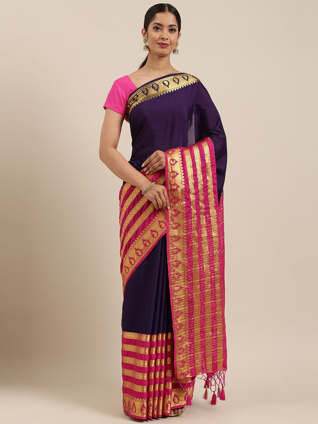 Mimosa Womens Crepe Saree Mysore Silk Navy Blue Color