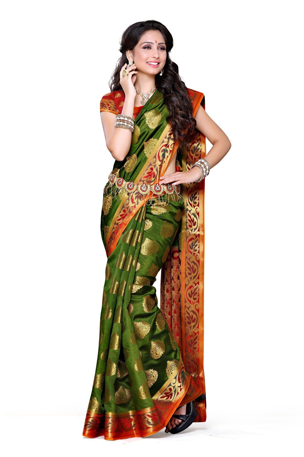 Mimosa Womens Art Silk Saree Kanjivaram Olive Color