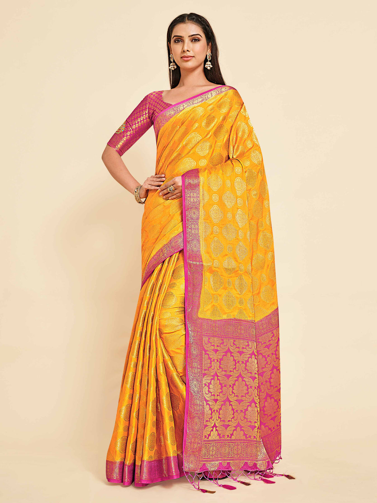 Mimosa Womens Crepe Saree Mysore Silk Gold Color