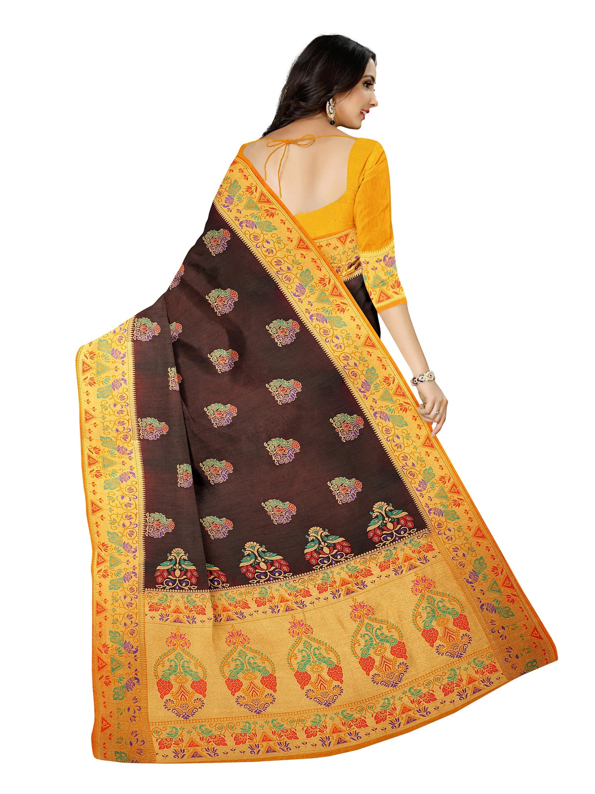 Mimosa Womens Art Silk Saree Kanjivaram Chocolate Color