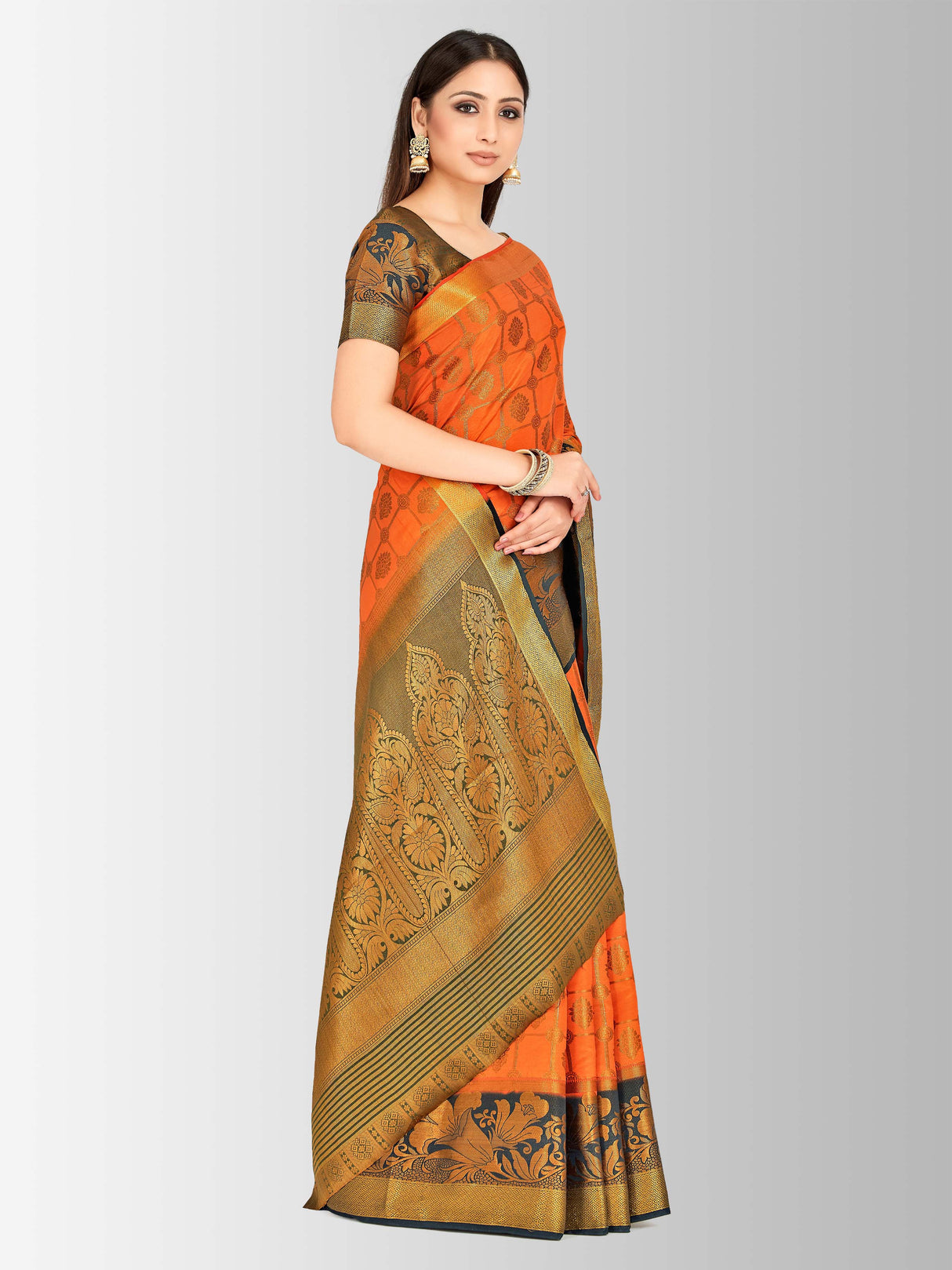 Mimosa Womens Art Silk Saree Kanjivaram Orange Color