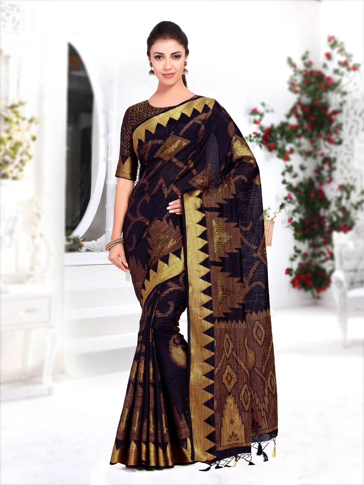 Mimosa Womens Art Silk Saree Kanjivaram Black Color