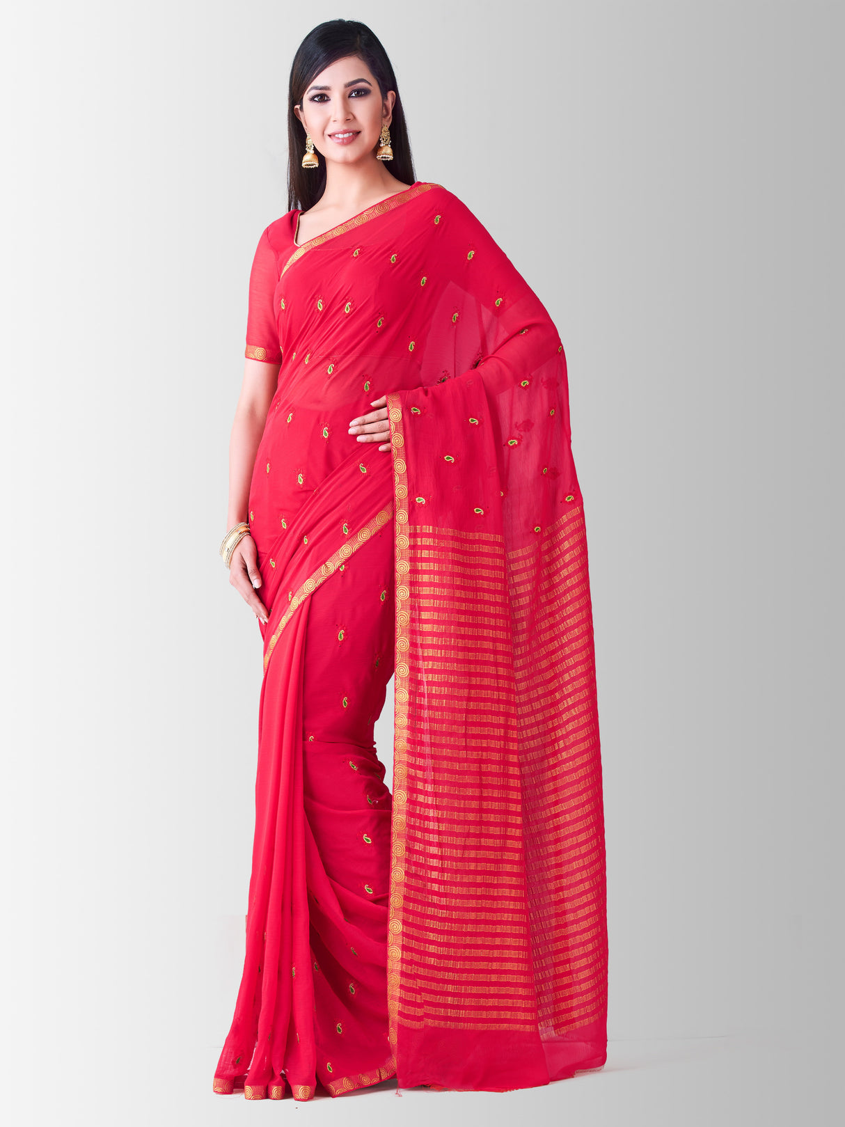 Mimosa Womens Chiffon Saree Banarasi Strawberry Color