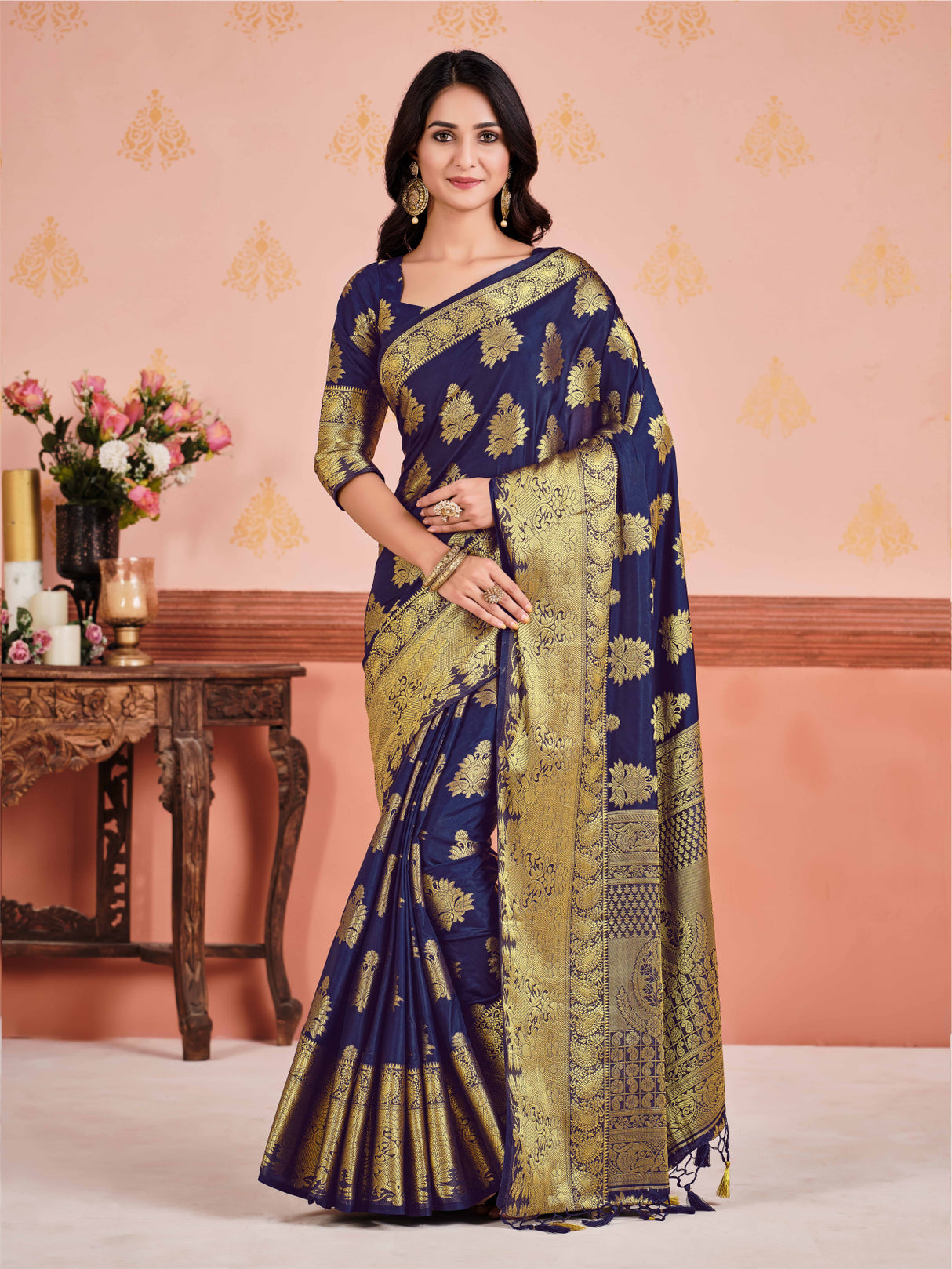 Mimosa Womens Art Silk Saree Kanjivaram Navy Blue Color