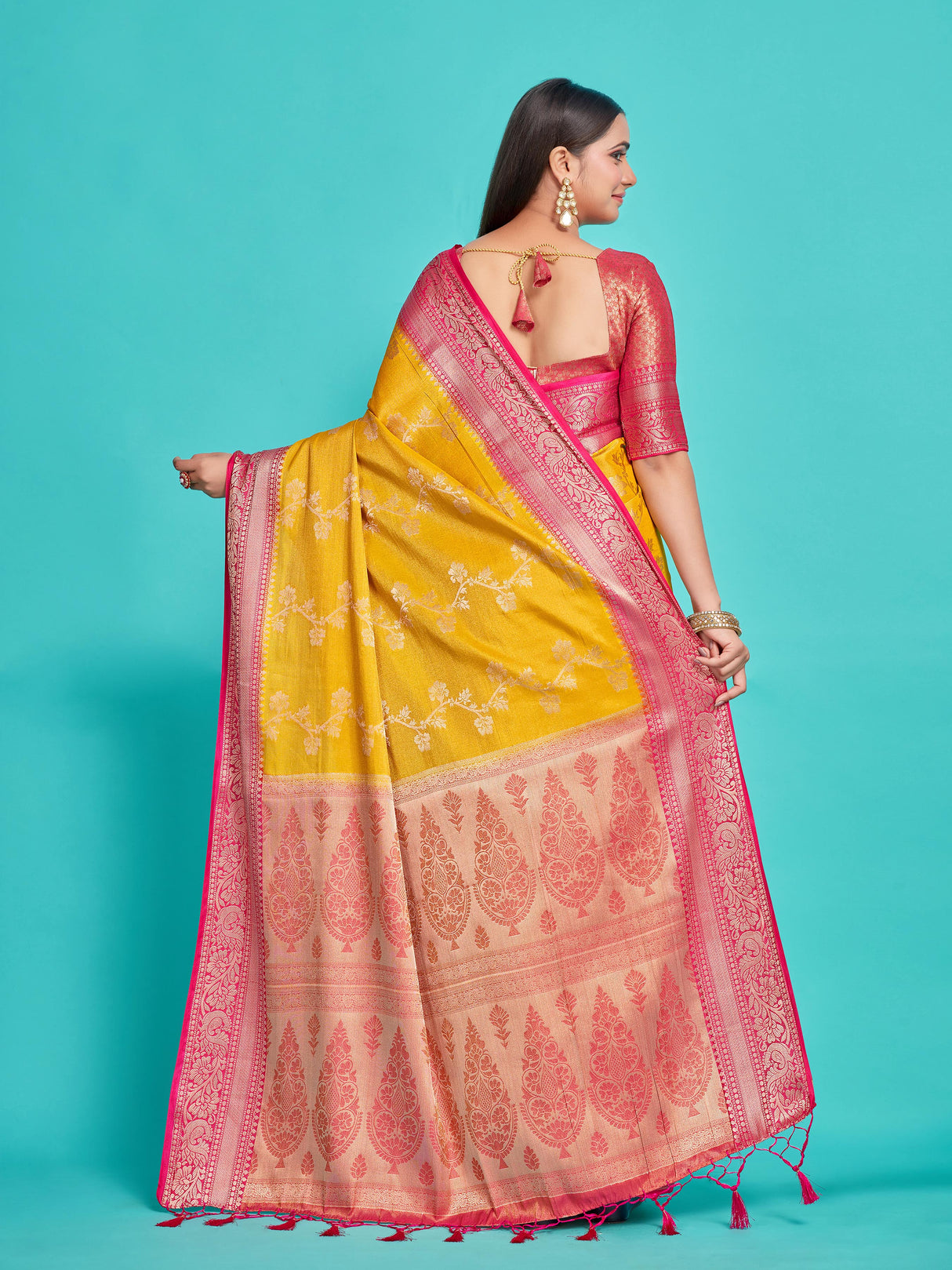 Mimosa Women's Woven Design Kanjivaram Style Art Silk Saree With Blouse Piece : SA0000394GDFREE
