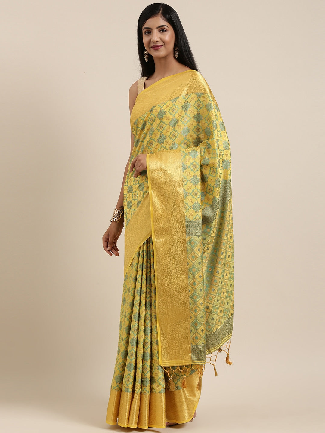 Mimosa Womens Art Silk Saree Patola Yellow Color