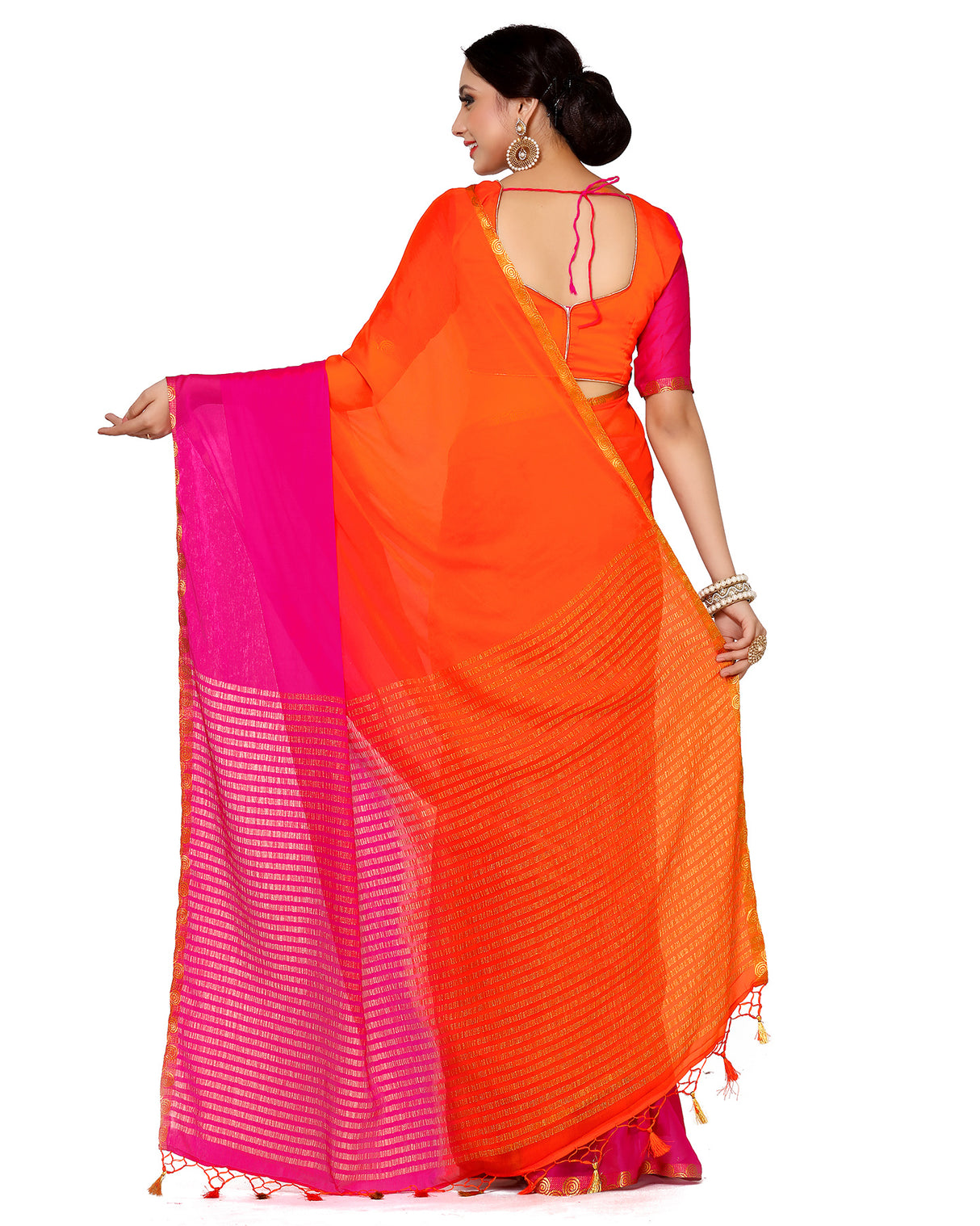 Mimosa Womens Chiffon Saree Kanjivaram Orange Color