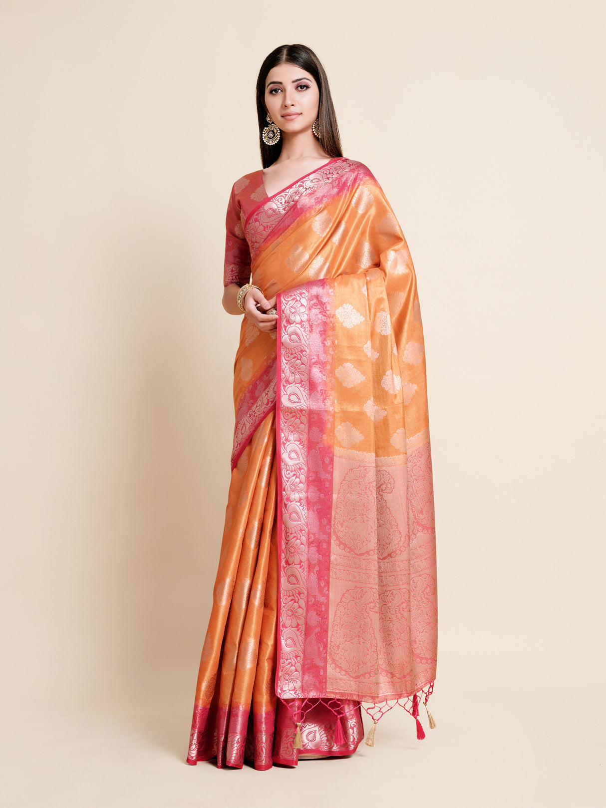 Mimosa Womens Art Silk Saree Kanjivaram Peach Color