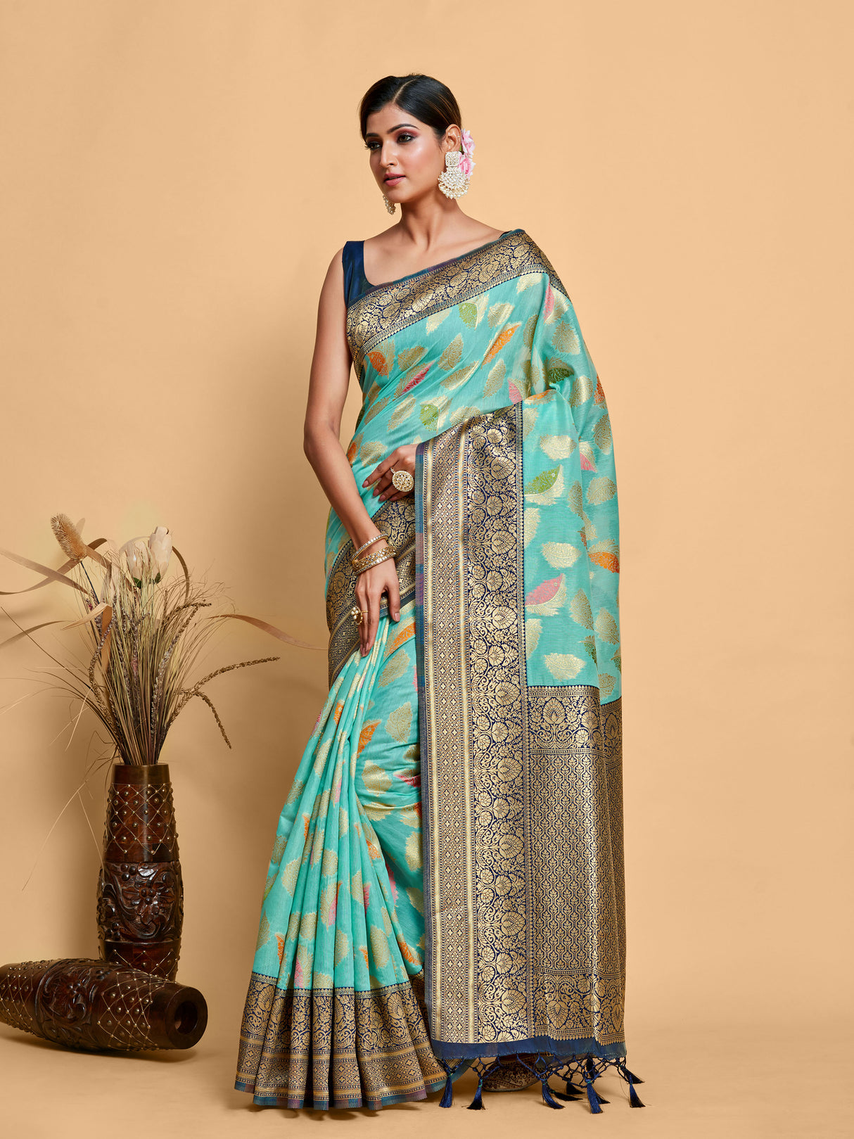 Mimosa Women's Woven Design Kanjivaram Linen Saree With Blouse Piece : SA00001245SFFREE