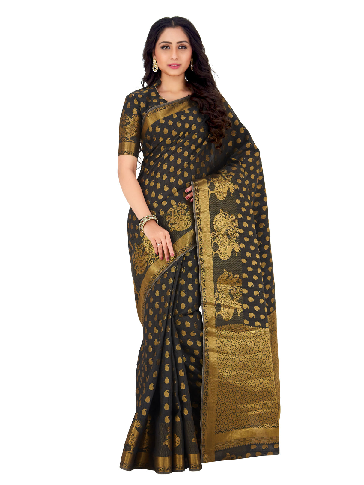 Mimosa Womens Art Silk Saree Kanjivaram Black Color