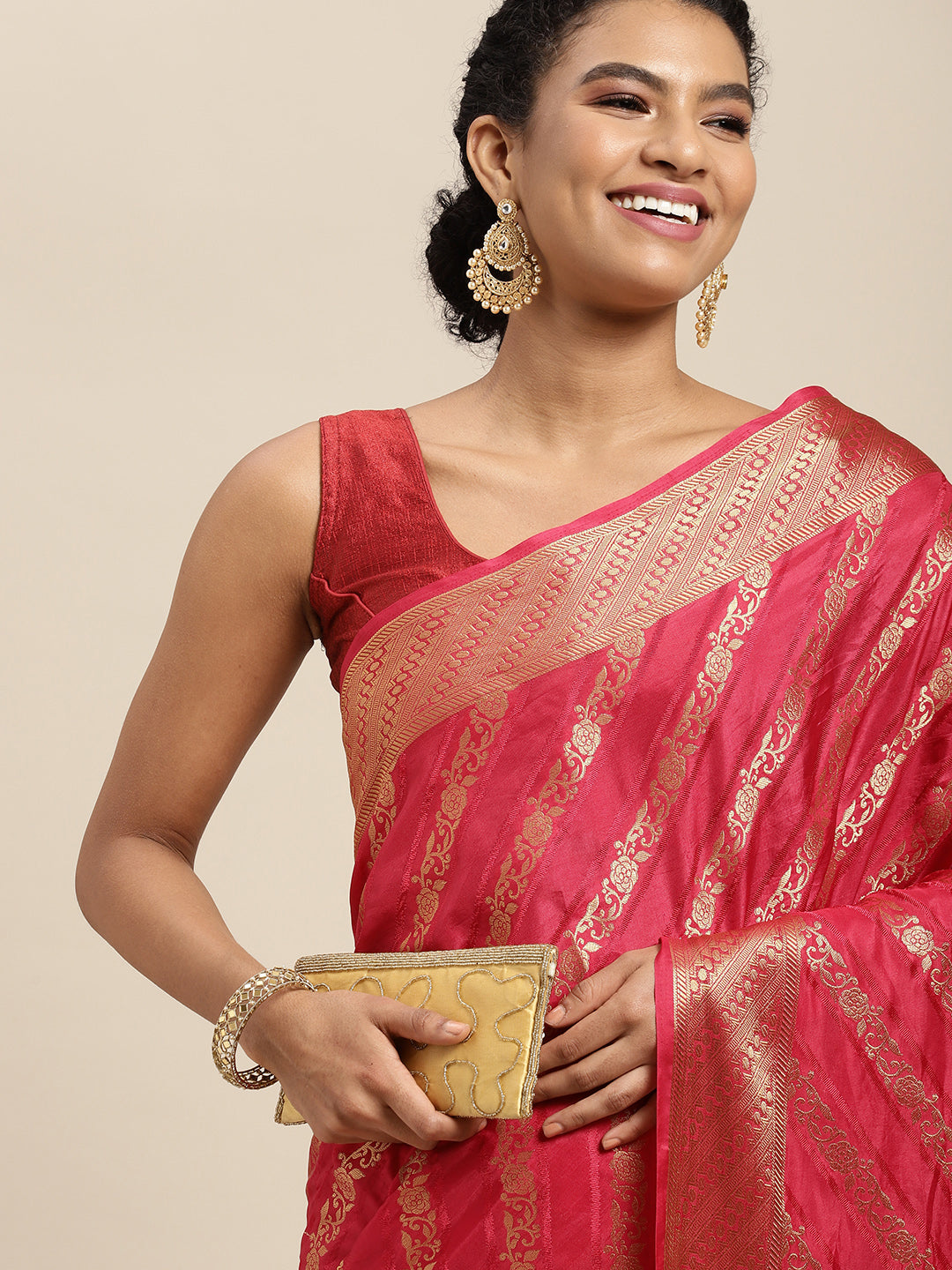 Mimosa Womens Art Silk Saree Kanjivaram Strawberry Color