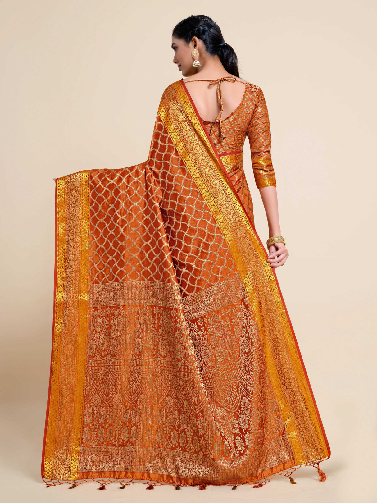 Mimosa Womens Art Silk Saree Kanjivaram Rust Color