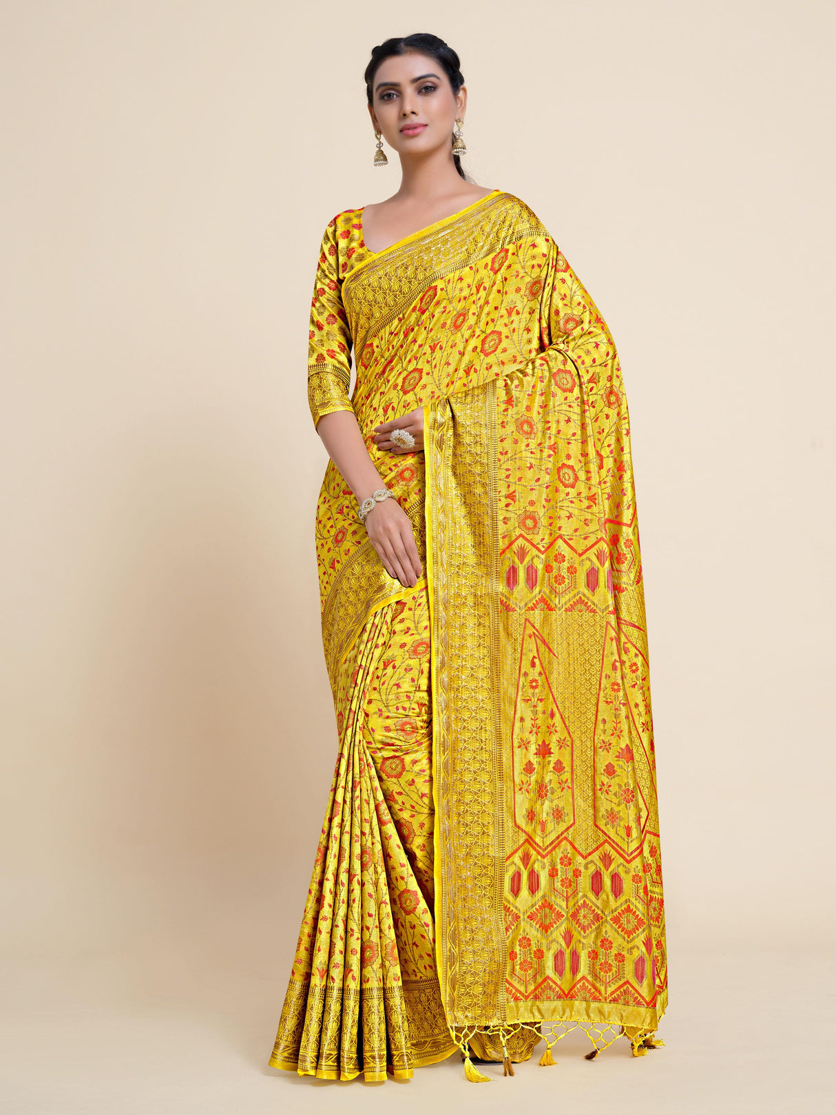 Mimosa Womens Art Silk Saree Kanjivaram Yellow Color