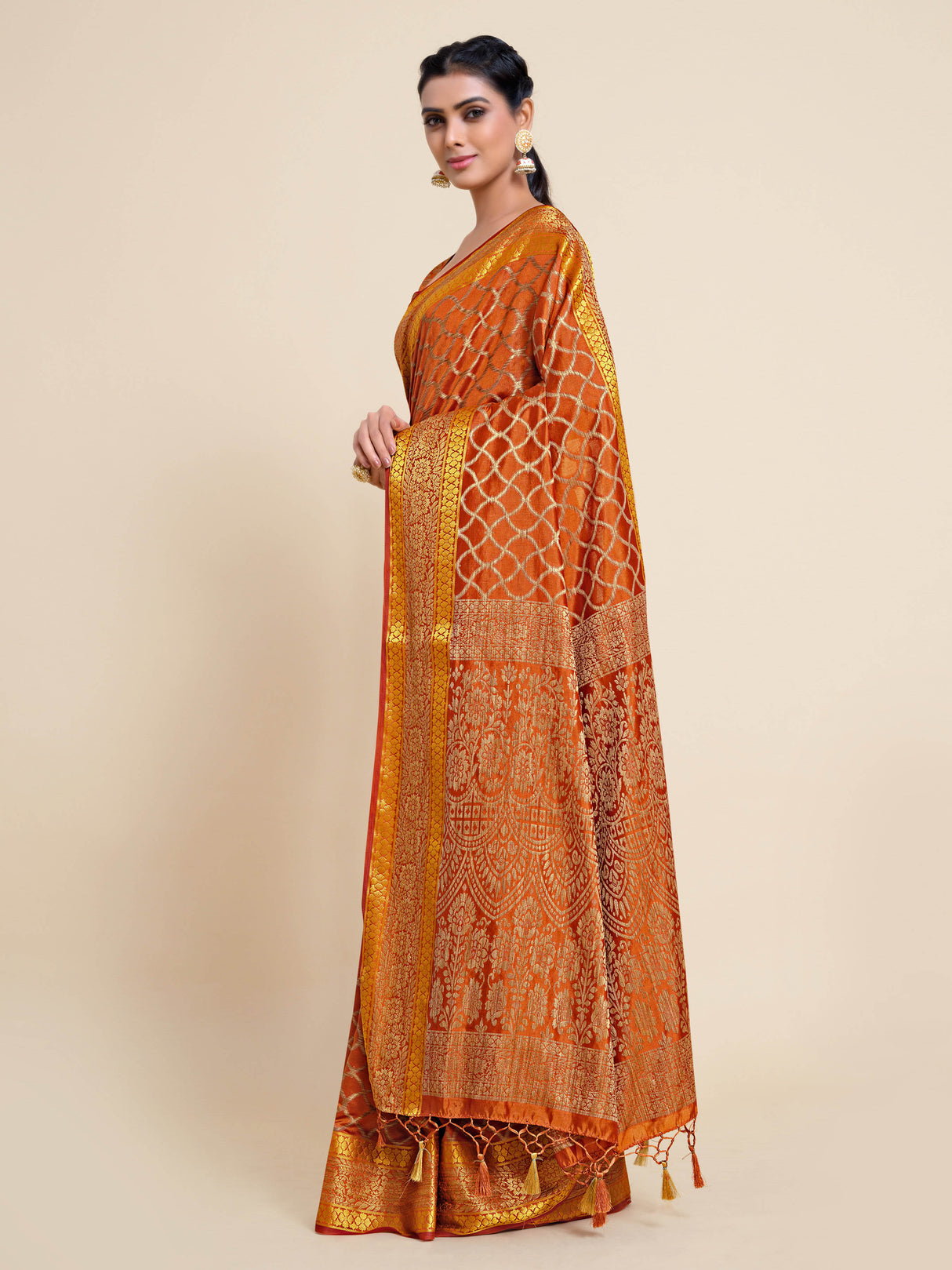 Mimosa Womens Art Silk Saree Kanjivaram Rust Color