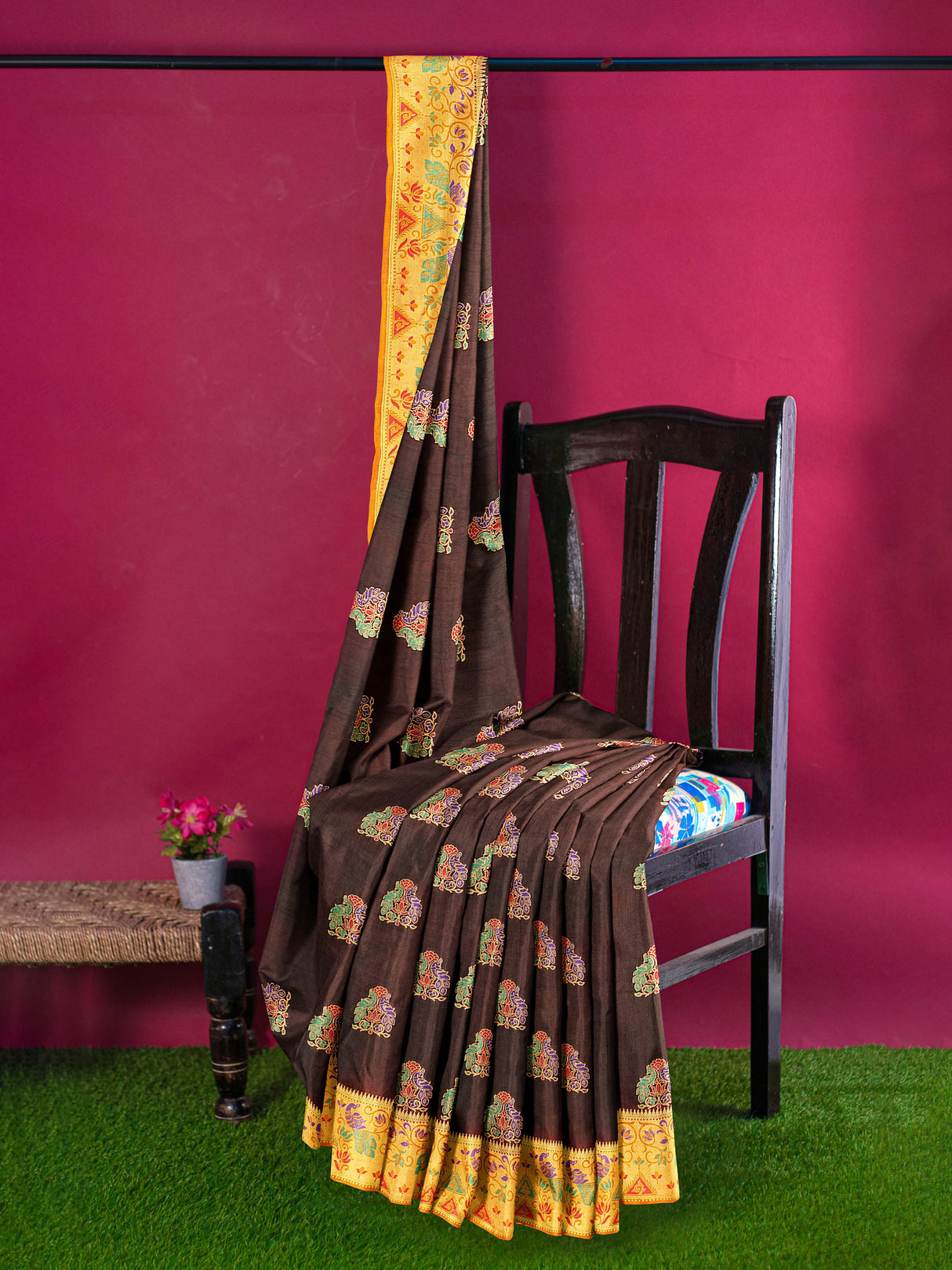 Mimosa Womens Art Silk Saree Kanjivaram Chocolate Color