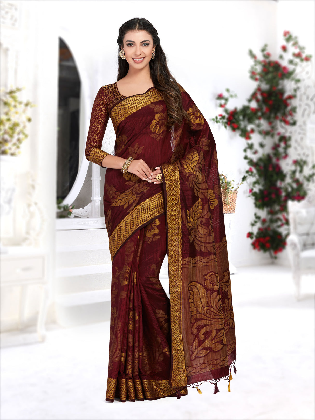 Mimosa Womens Art Silk Saree Kanjivaram Chocolate Color