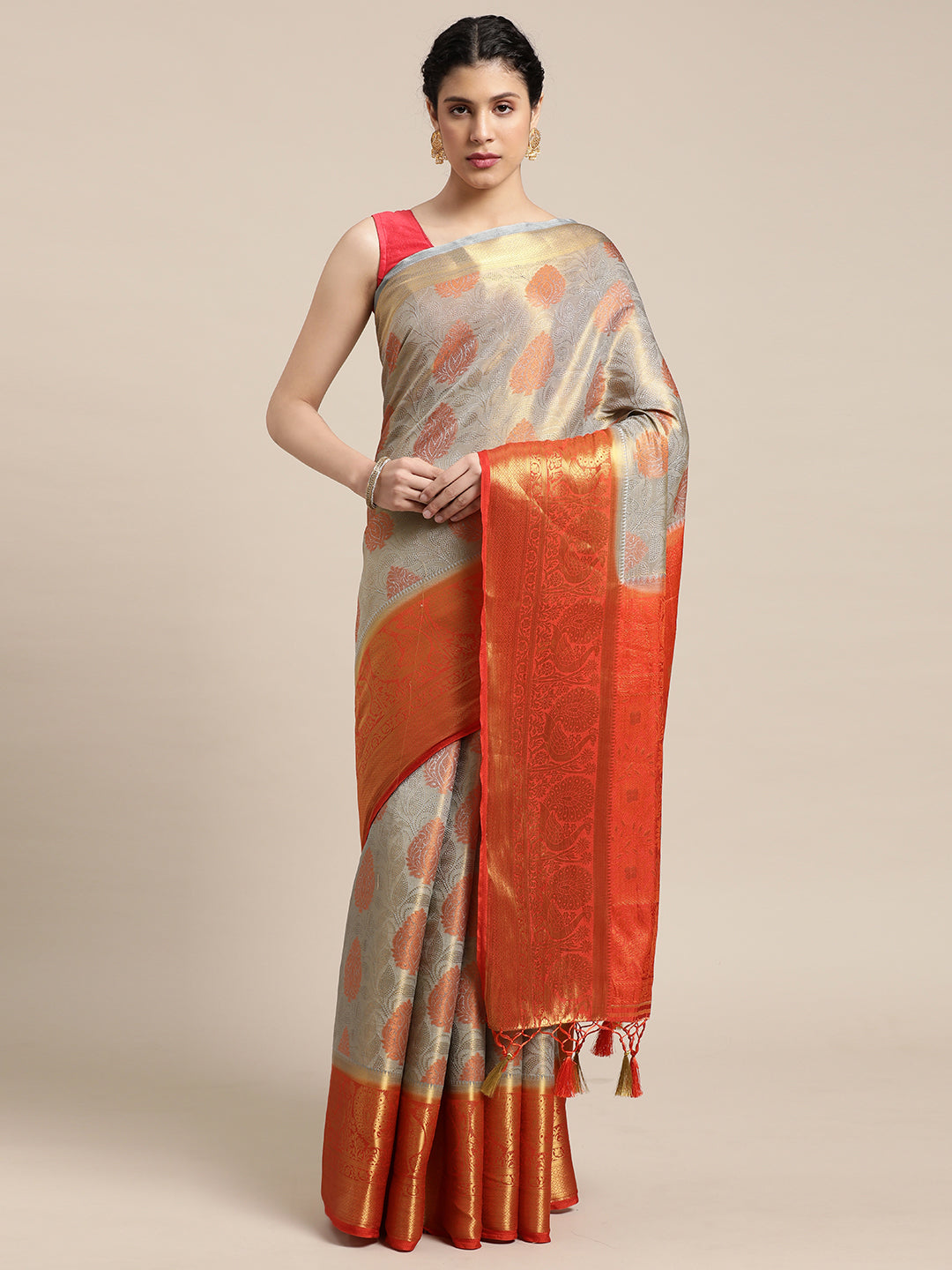 Mimosa Womens Art Silk Saree Kanjivaram Grey Color