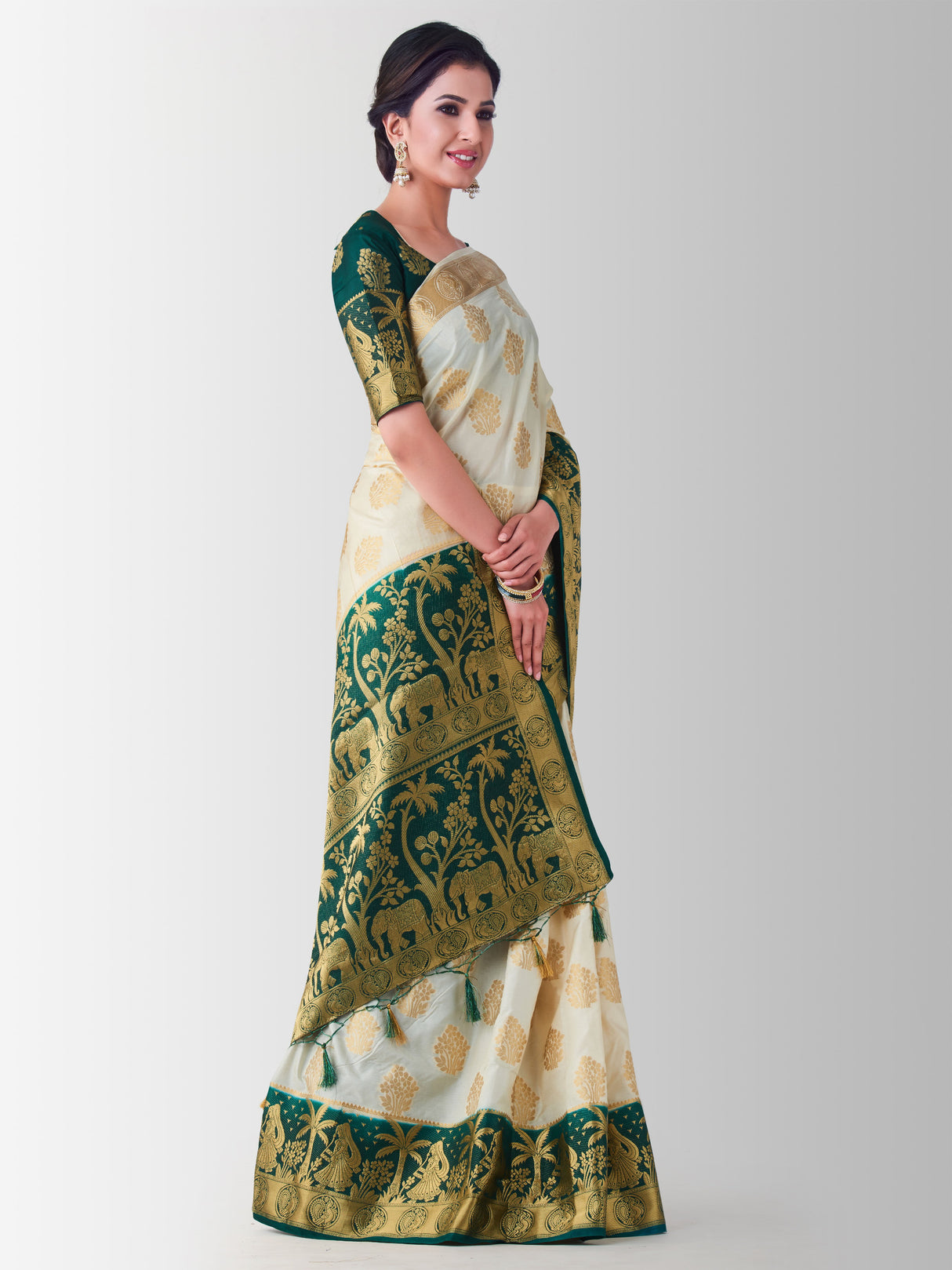 Mimosa Womens Art Silk Saree Kanjivaram Halfwhite Color