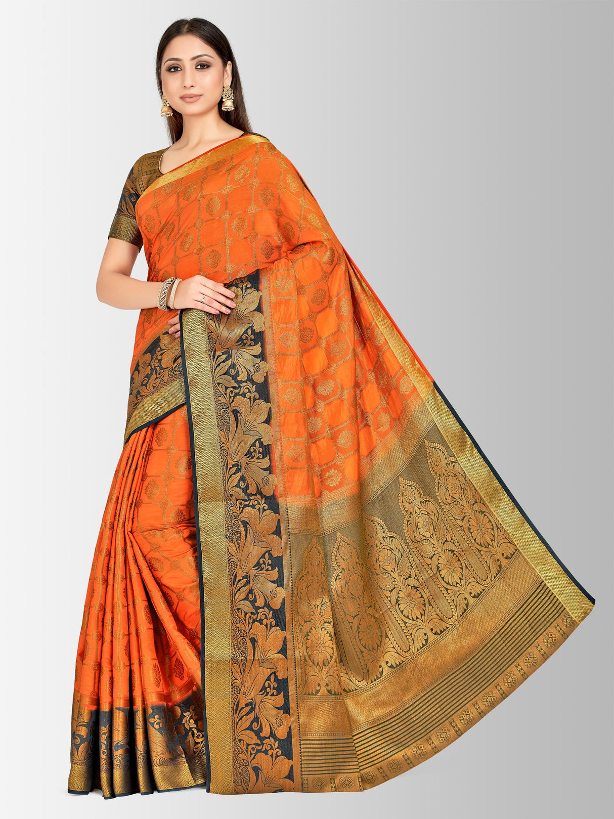 Mimosa Womens Art Silk Saree Kanjivaram Orange Color