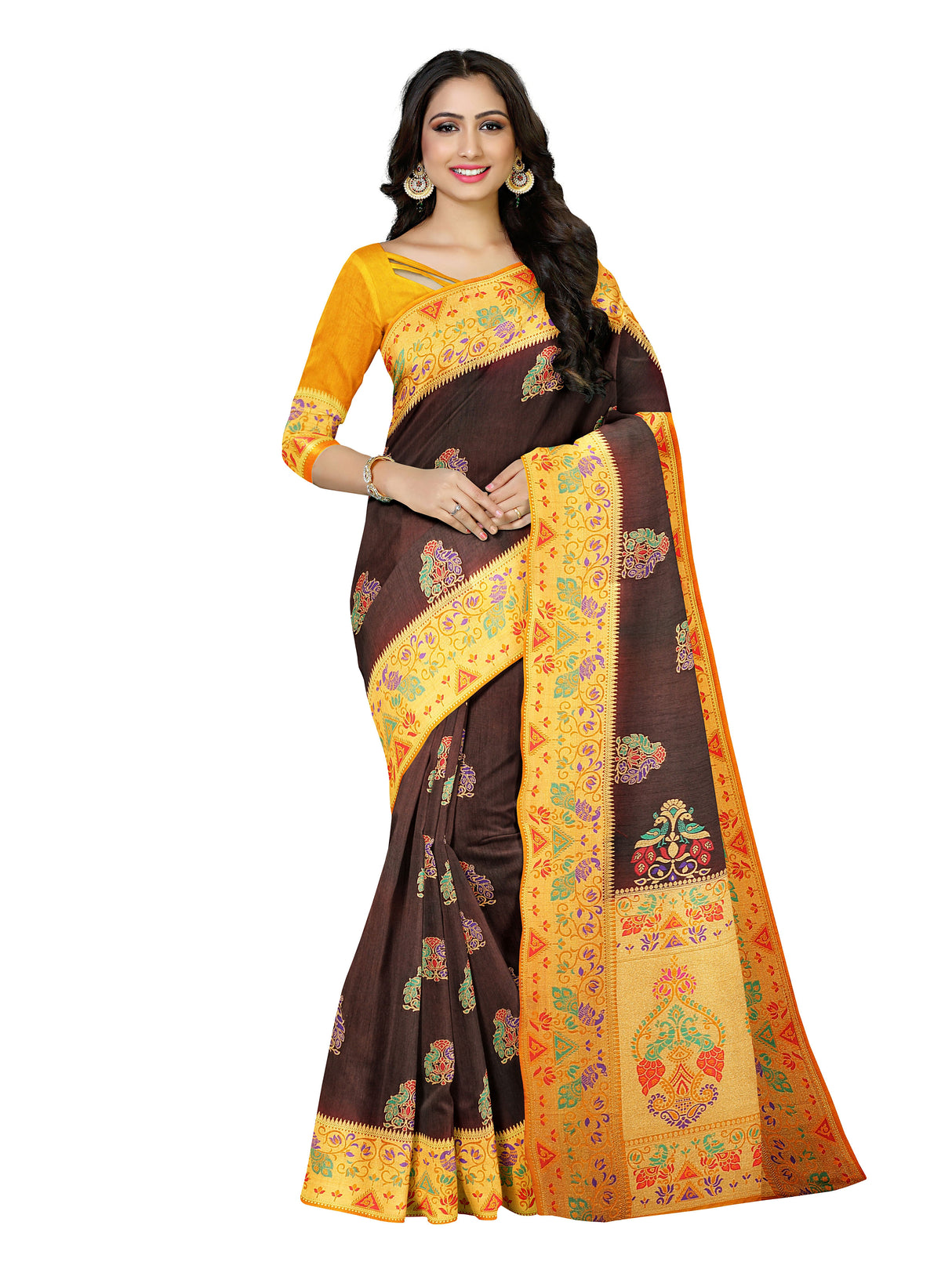 Mimosa Womens Art Silk Saree Kanjivaram Chocolate Color