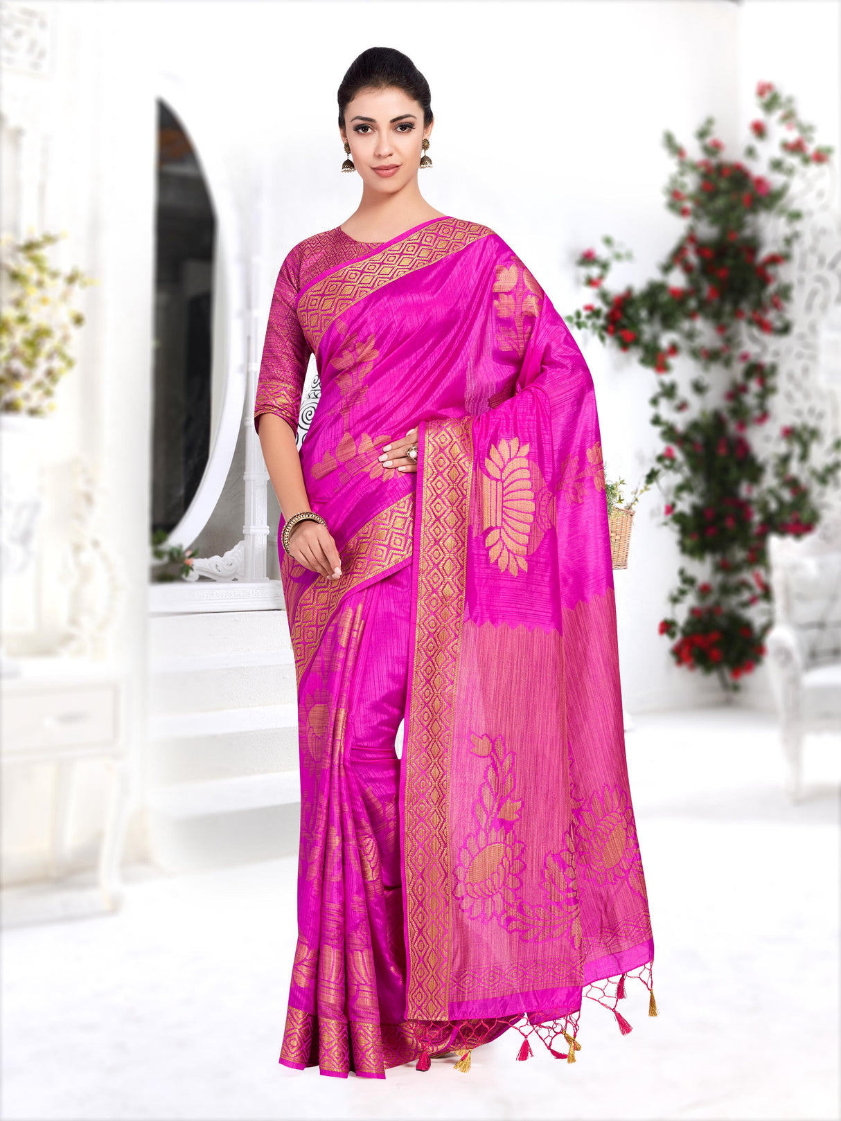 Mimosa Womens Art Silk Saree Kanjivaram Pink Color