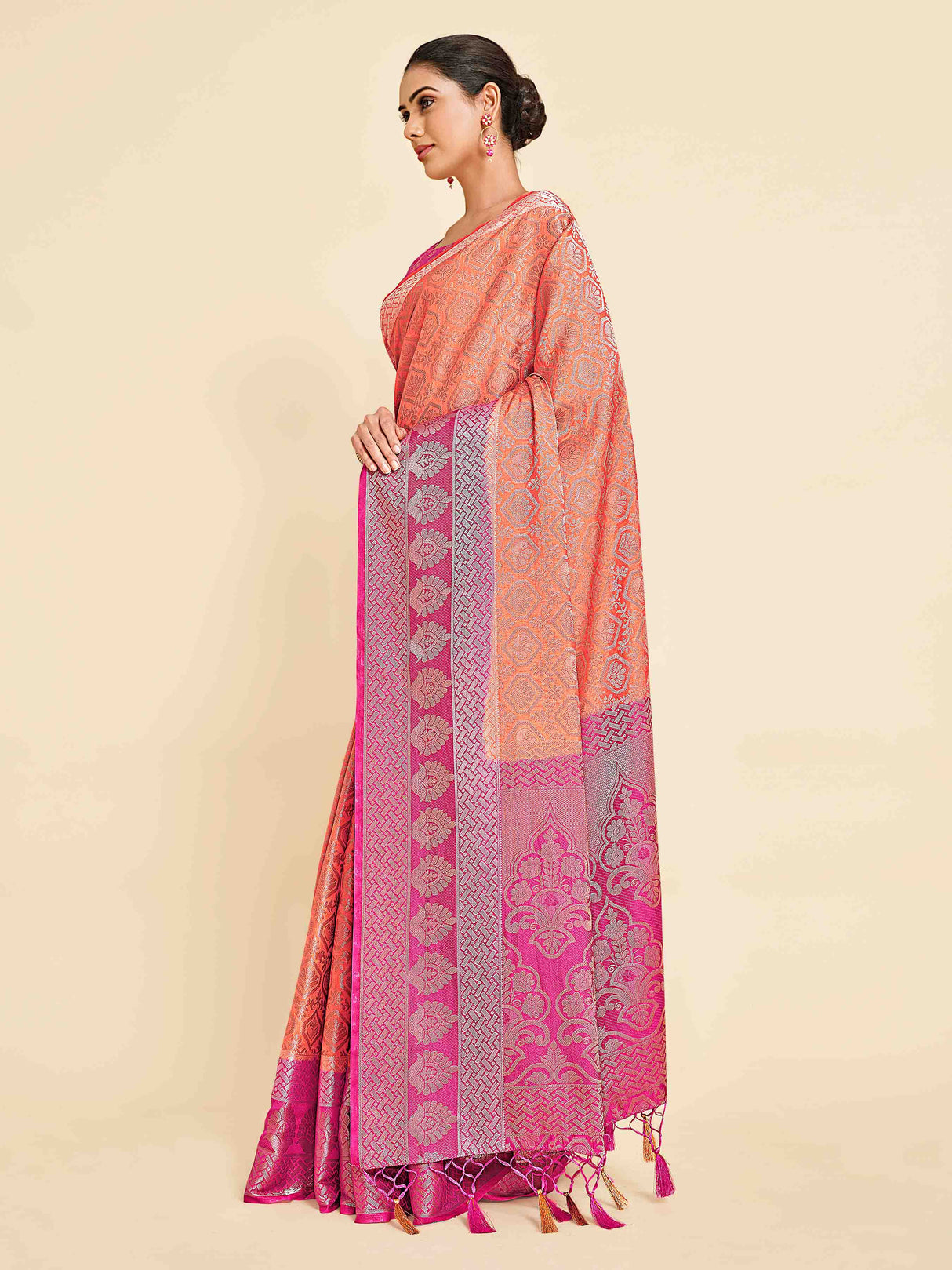 Mimosa Womens Art Silk Saree Kanjivaram style Peach Color