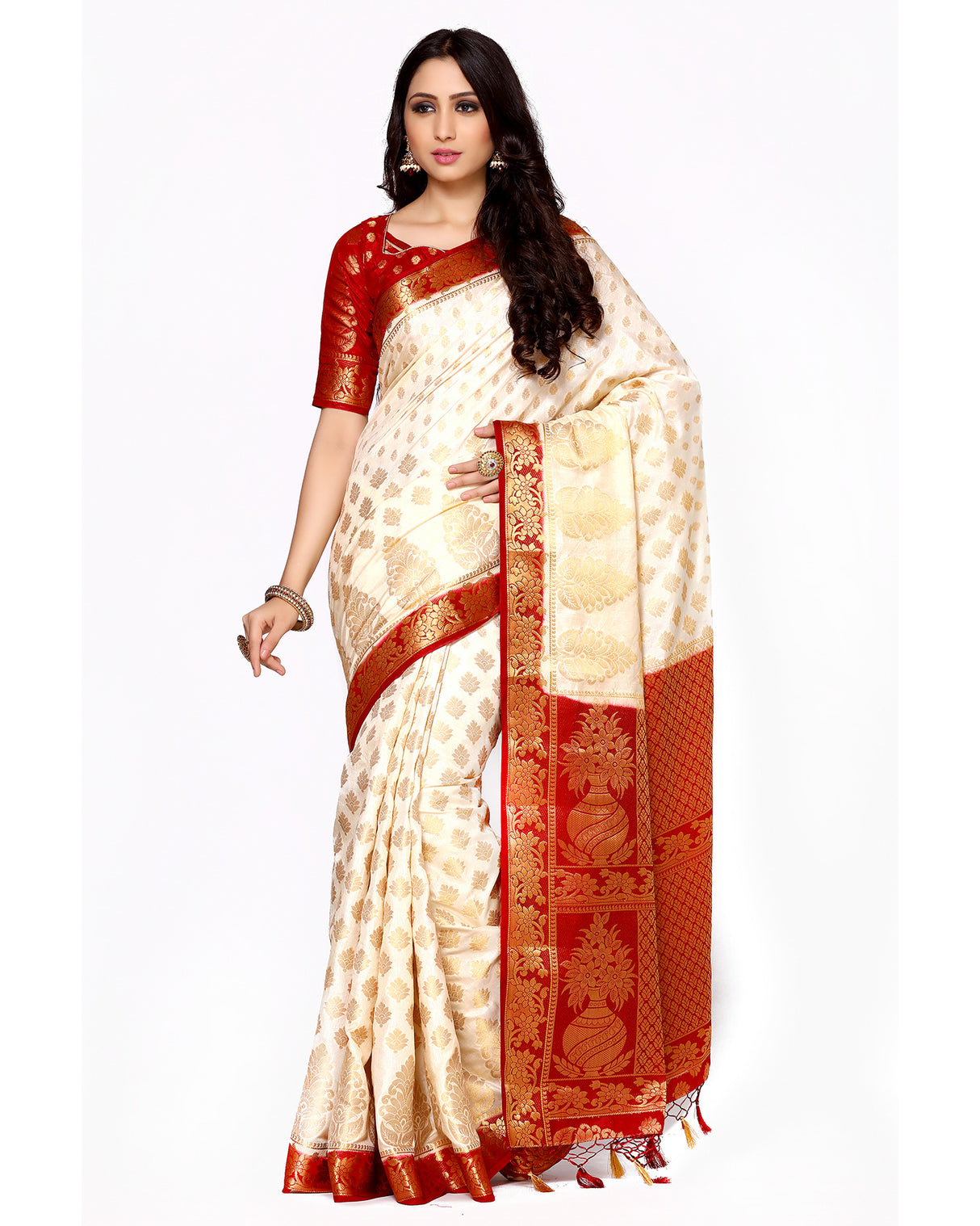 Mimosa Womens Art Silk Saree Kanjivaram Halfwhite Color