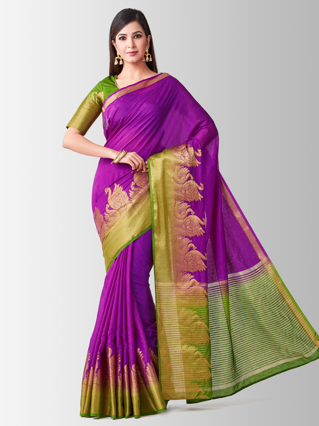 Mimosa Womens Linen Saree Kanjivaram style Mejanta Color