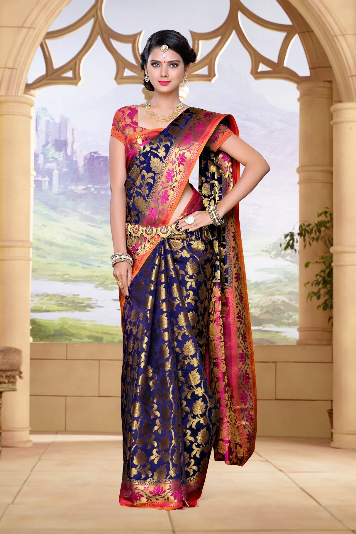 Mimosa Womens Art Silk Saree Kanjivaram Navy Blue Color