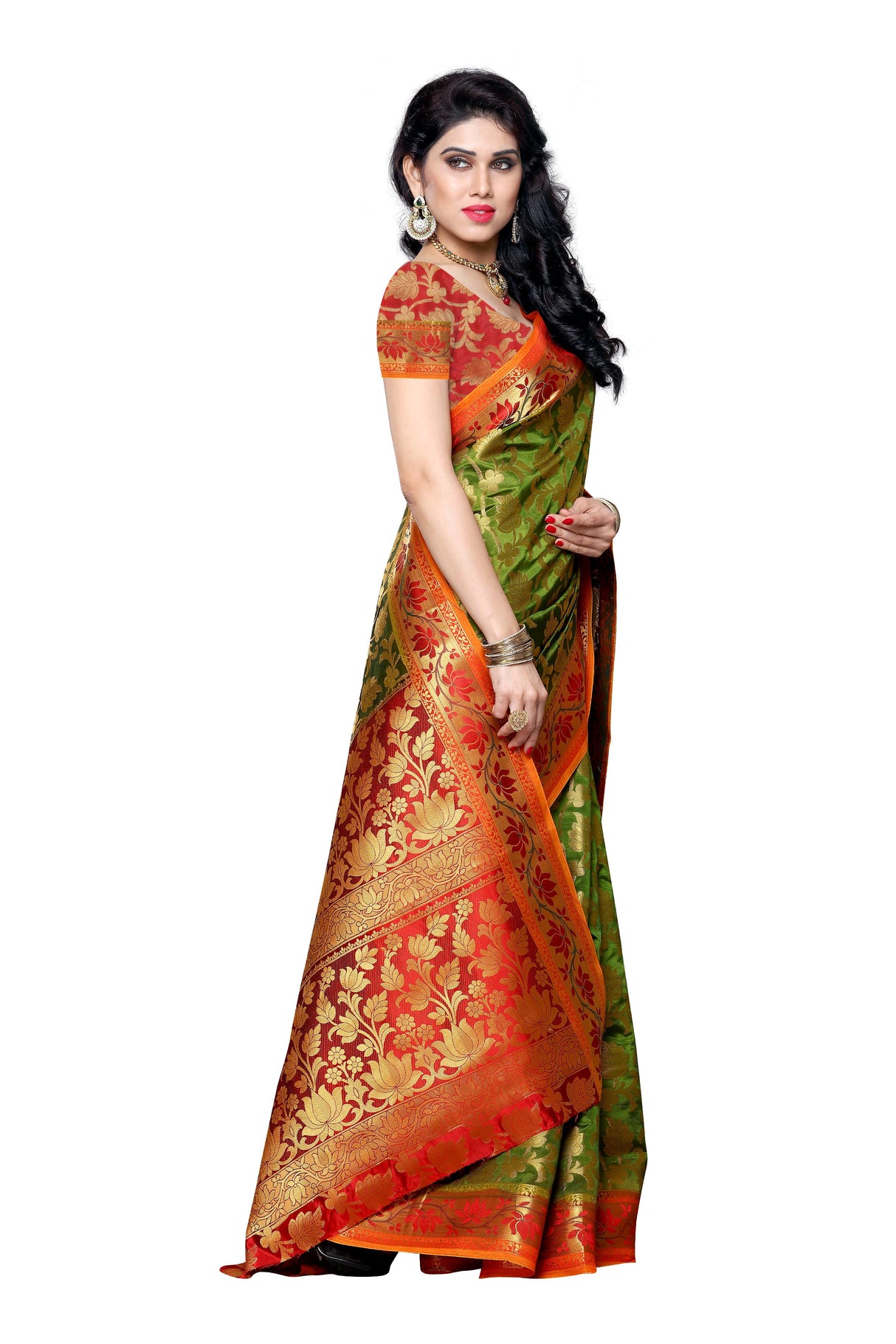 Mimosa Womens Art Silk Saree Kanjivaram Olive Color