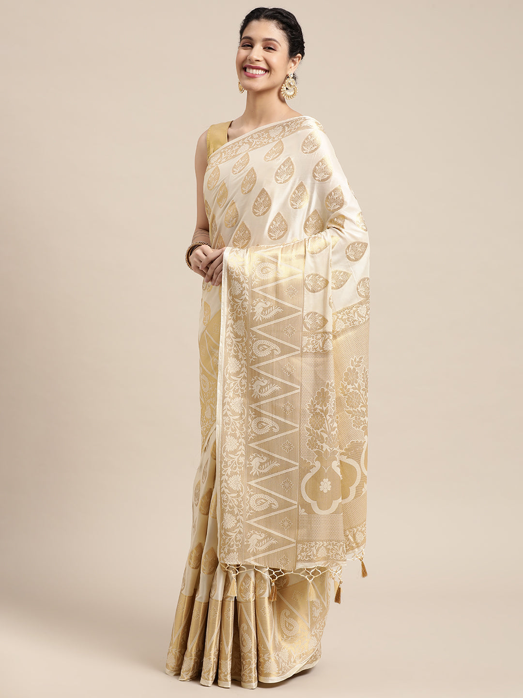 Mimosa Womens Crepe Saree Mysore Silk Halfwhite Color