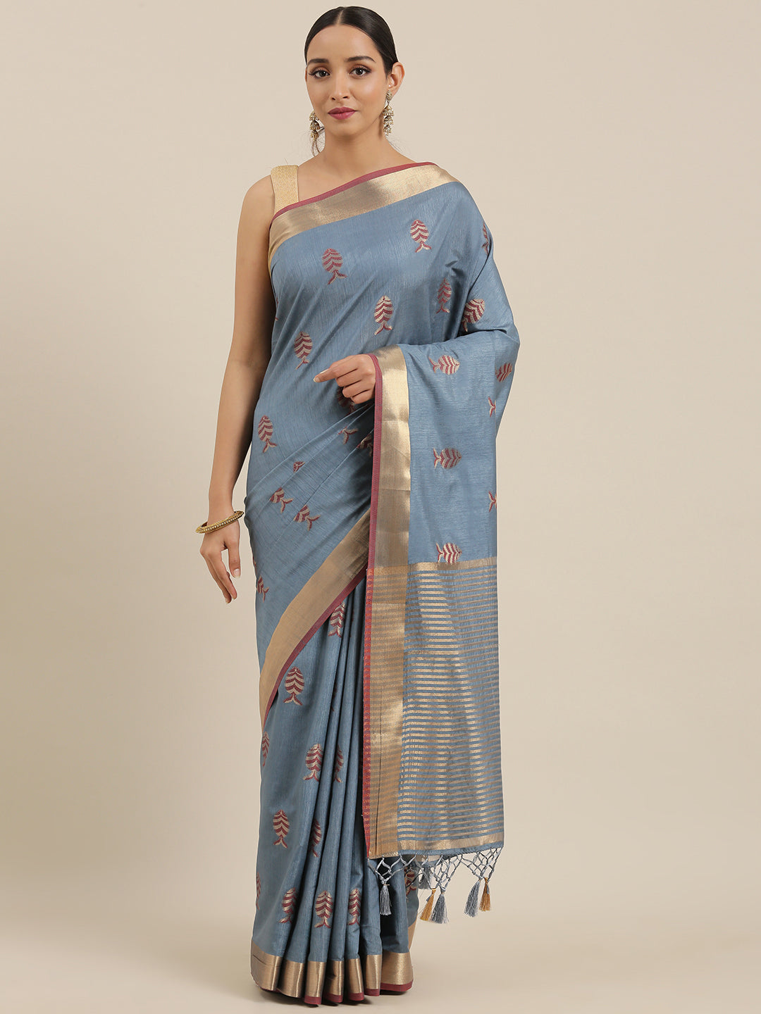 Mimosa Womens Art Silk Saree Kanjivaram style Grey Color