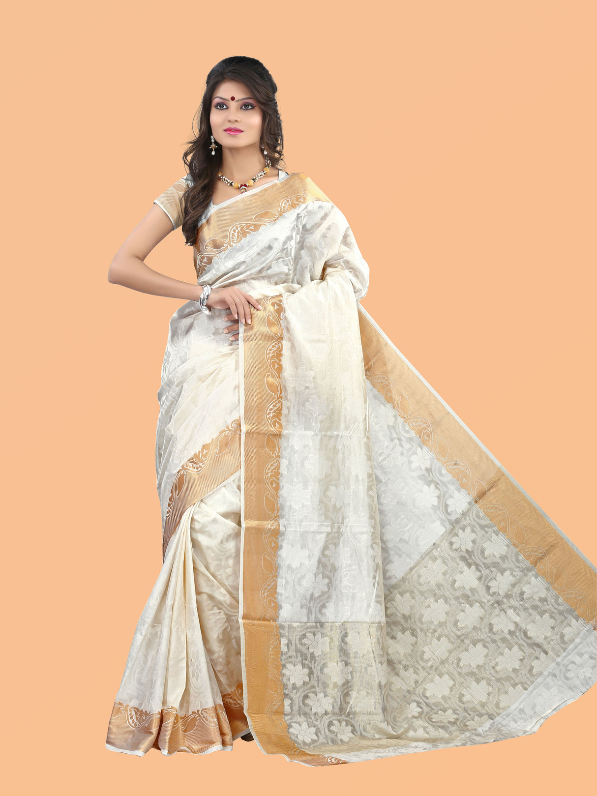Mimosa Womens Art Silk Saree Kanjivaram Halfwhite Color