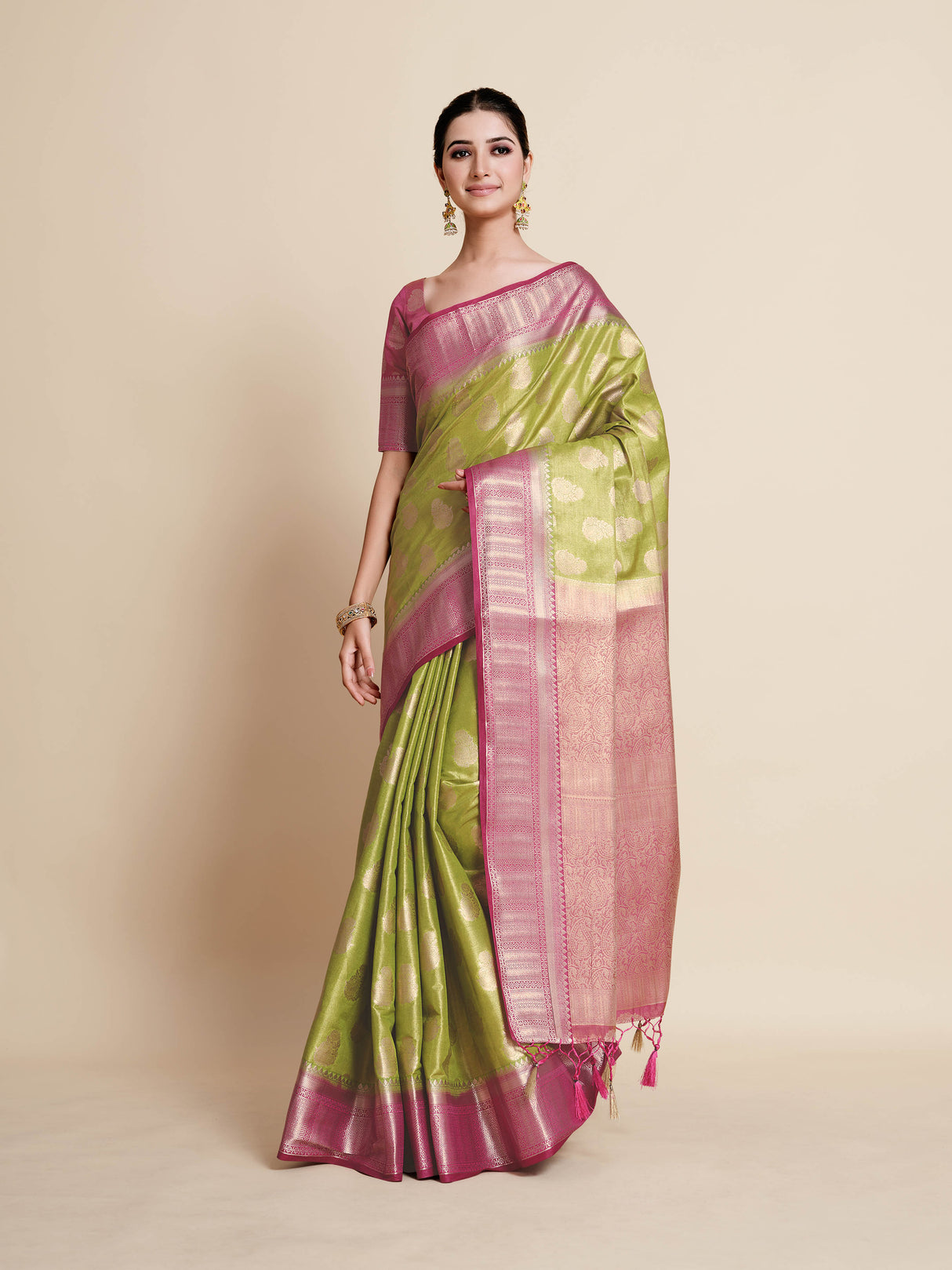 Mimosa Womens Art Silk Saree Kanjivaram Olive Color