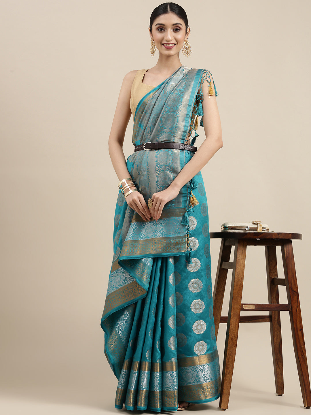 Mimosa Womens Art Silk Saree Kanjivaram Saffire Color