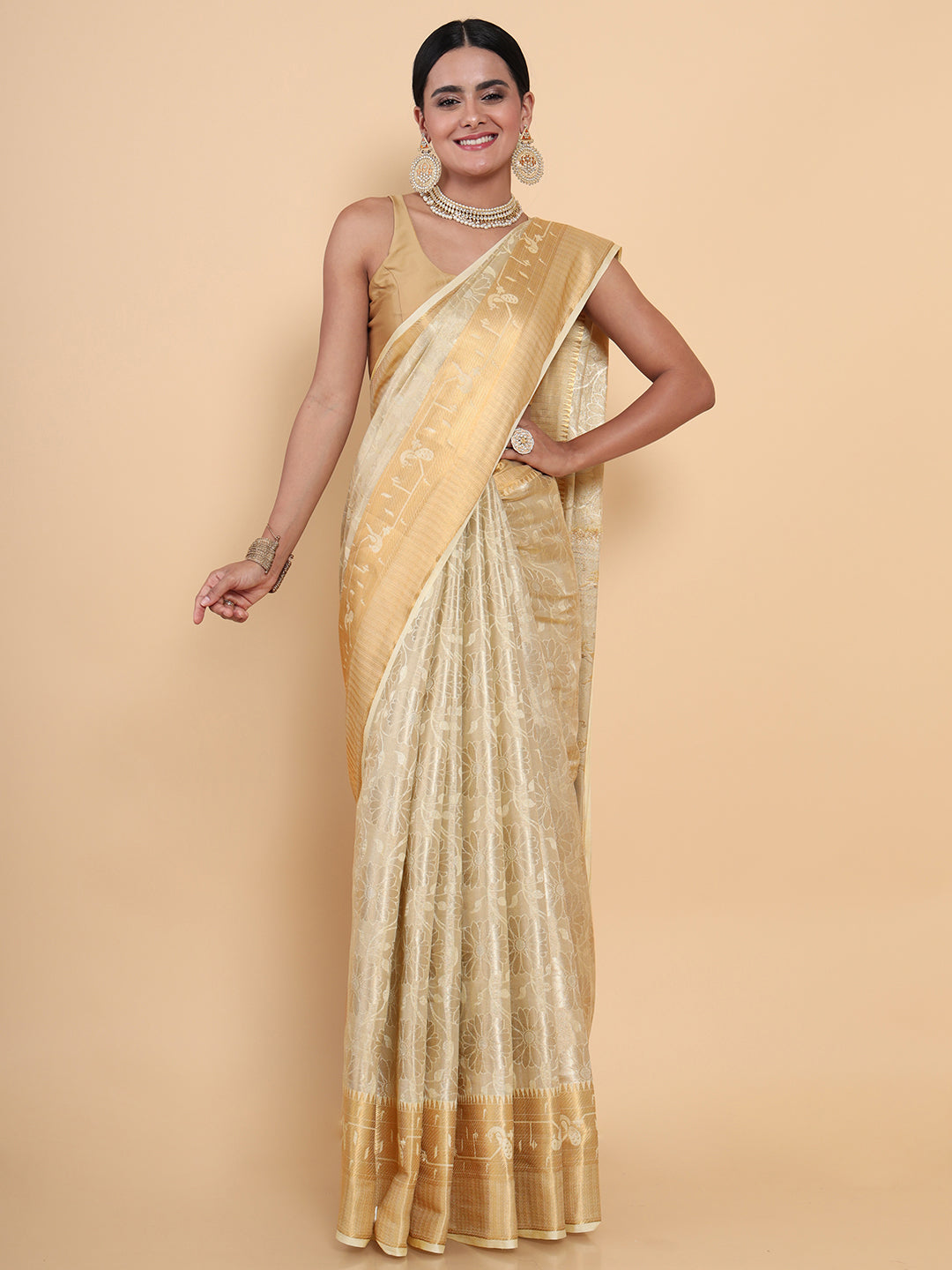 Mimosa Womens Art Silk Saree Kasavu Cream Color