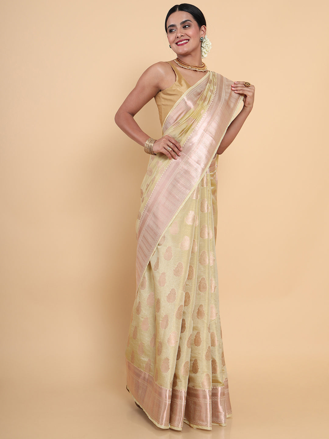 Mimosa Womens Art Silk Saree Kasavu Cream Color