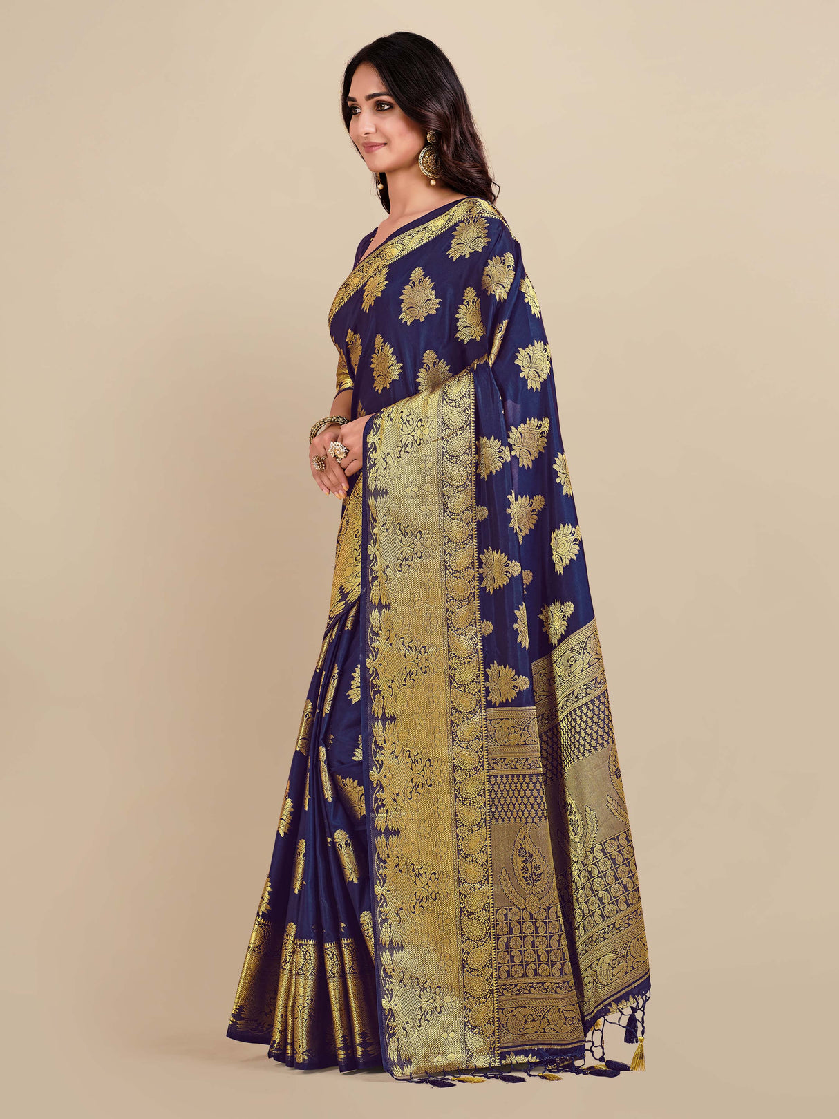 Mimosa Womens Art Silk Saree Kanjivaram Navy Blue Color