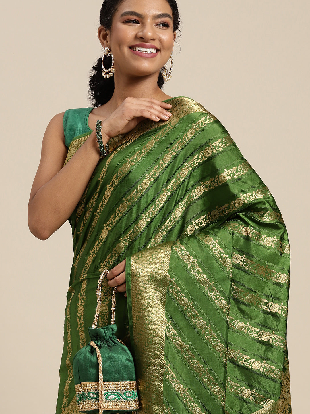Mimosa Womens Art Silk Saree Kanjivaram Olive Color
