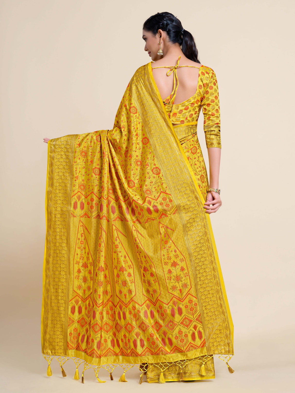 Mimosa Womens Art Silk Saree Kanjivaram Yellow Color