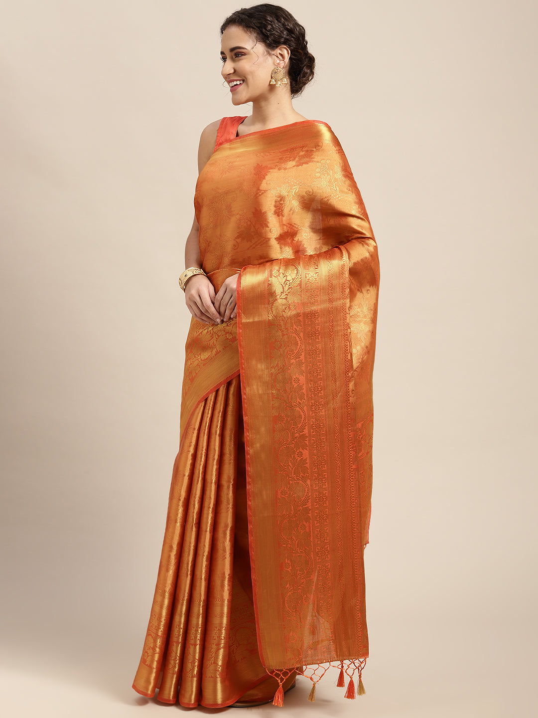 Mimosa Womens Art Silk Saree Kanjivaram Orange Color