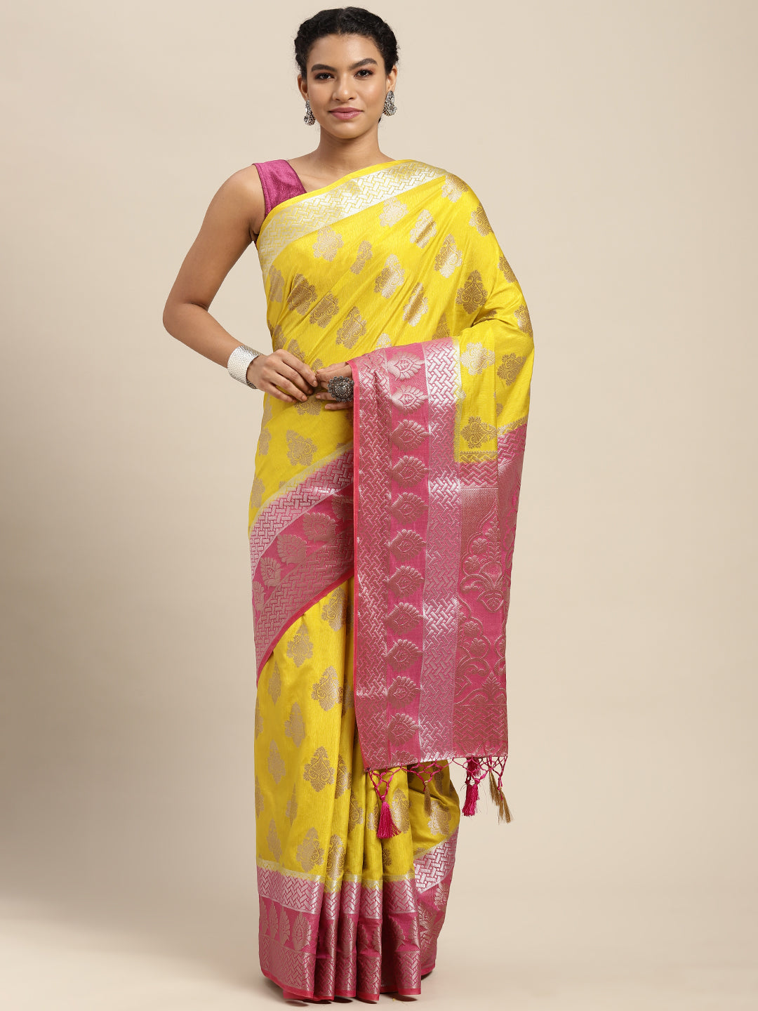 Mimosa Womens Art Silk Saree Kanjivaram Yellow Color