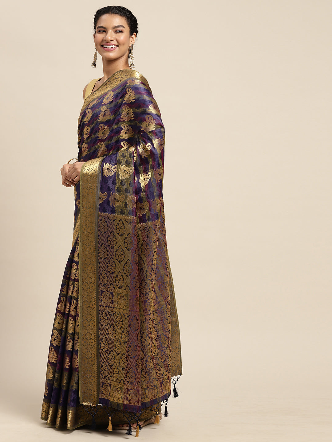 Mimosa Womens Art Silk Saree Kanjivaram Navy Blue Color