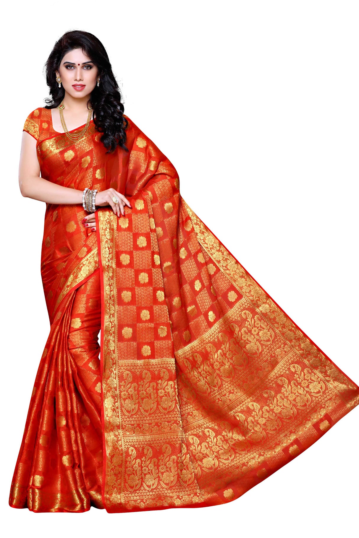 Mimosa Womens Chiffon Saree Kanjivaram Orange Color