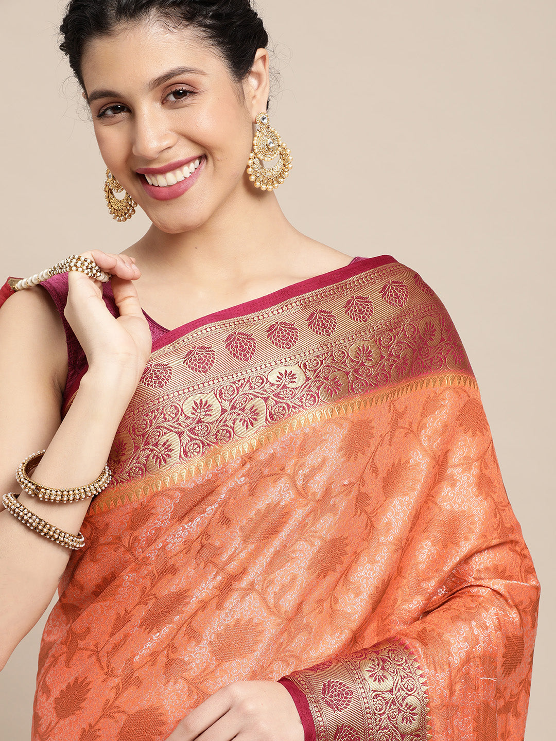 Mimosa Womens Art Silk Saree Kanjivaram Peach Color